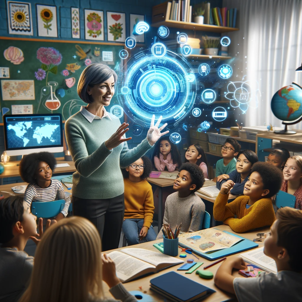 DALL·E 2023 11 15 18.01.44 An imaginative and colorful classroom setting where a teacher is using a futuristic holographic device to display a ChatGPT interface. The teacher, a
